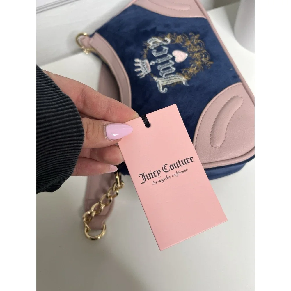 Juicy Couture Heritage Velour Shoulder Bag Regal Blue Pink Y2K Gold‎ Chain Purse